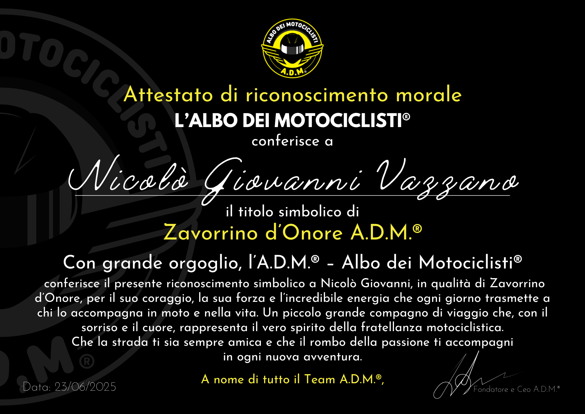 Attestato Zavorrino d'Onore A.D.M. per Nicolò Giovanni Vazzano
